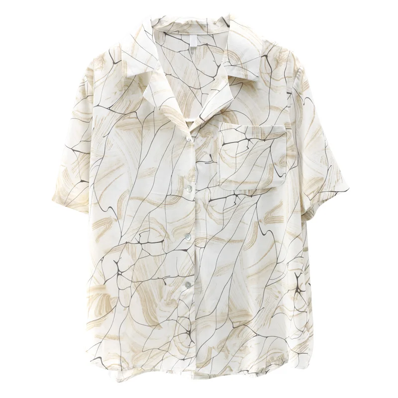 

Chiffon Shirt Women's Summer Short Sleeve 2021new Vintage Print Hong Kong Style Shirt Design Sense Niche V-neck Top