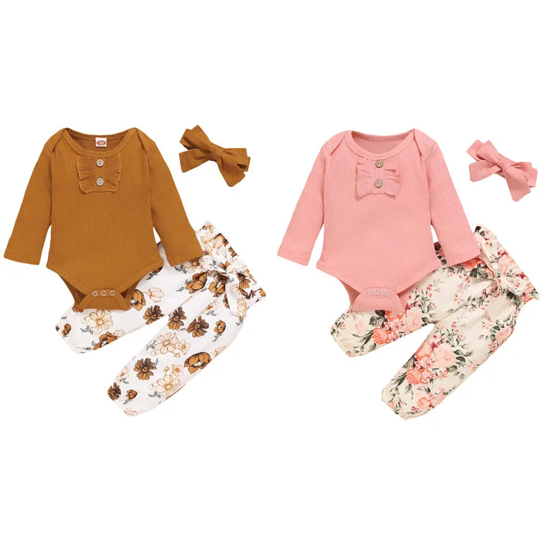 

Осенняя детская одежда, комбинезоны с круглым вырезом и длинными рукавами, топ + брюки с цветочным принтом и завязкой на талии + повязка на го...