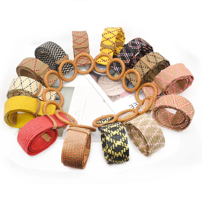

Vintage Round Wood Waist Belt Summer Colorful Female Belt Woven Belt Without Needle Buckle All-Match Wide Belts For Women Hot