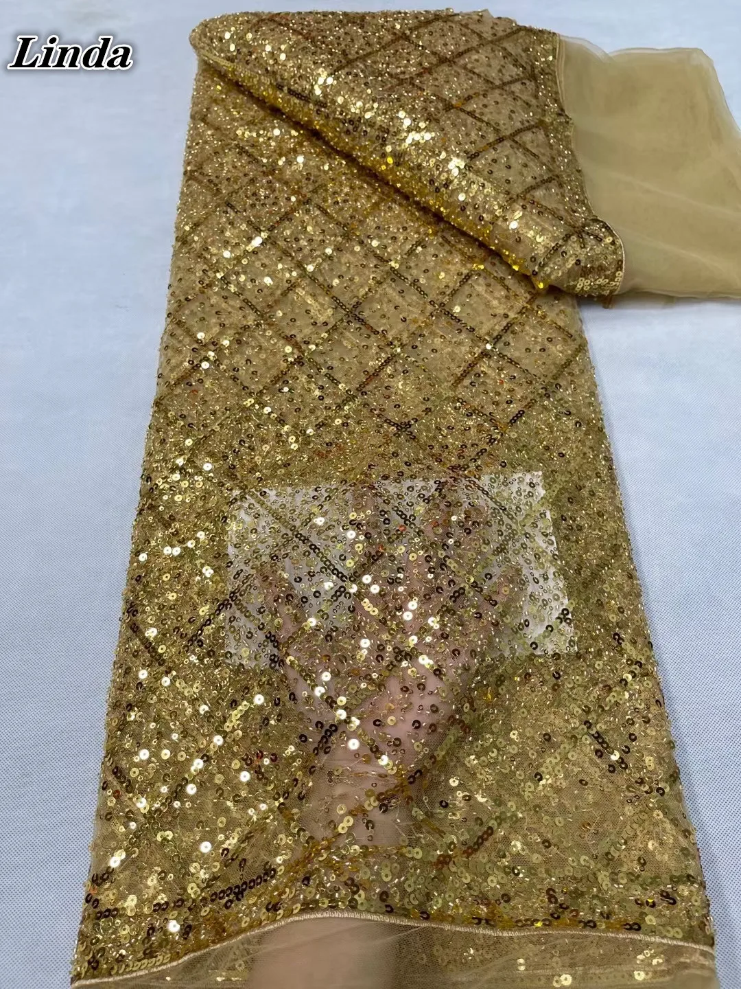 

Linda Gold Sequins Latest African Cord Lace Fabric High Quality 2021 Nigerian Lace Fabric for Wedding Party African Lace Fabric