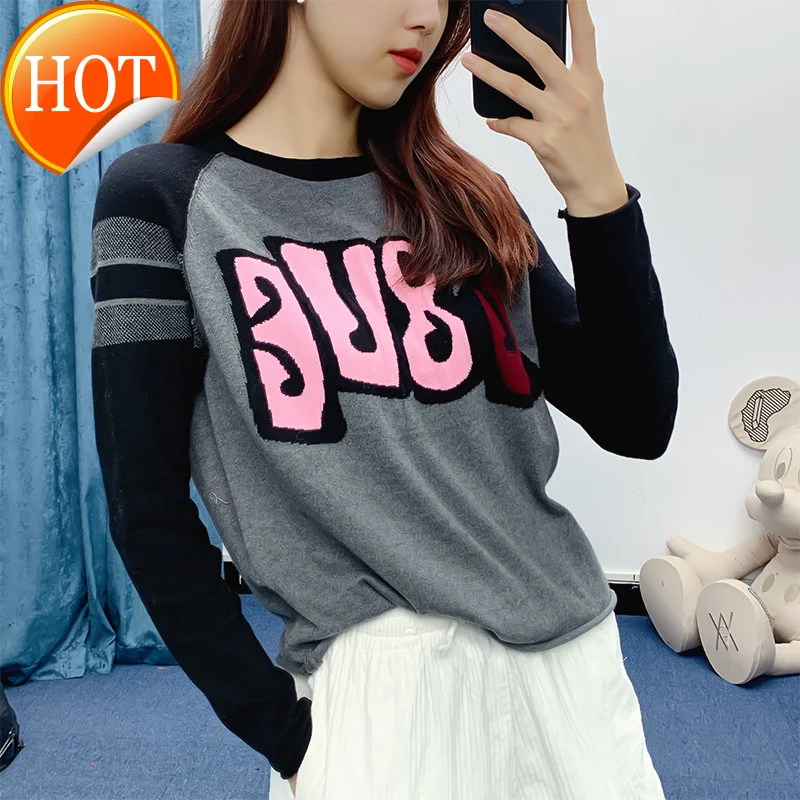 

Футболка женская с круглым вырезом, повседневный Универсальный тонкий свободный пуловер с надписью, с мультяшным принтом, для ранней весны