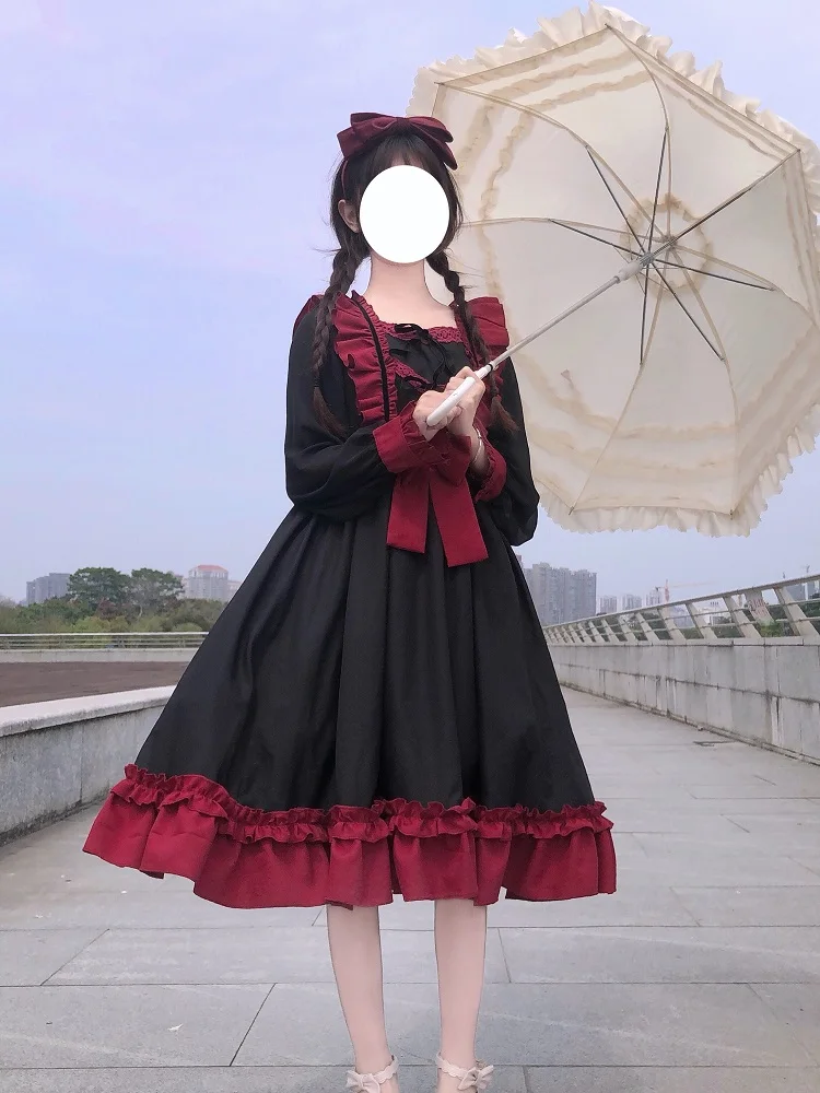 

Harajuku Lolita dress daily Palace Bow-knot sweet cute retro lotus leaf bow Vestidos Noble Sweet Gothic Party Robe Renaissance