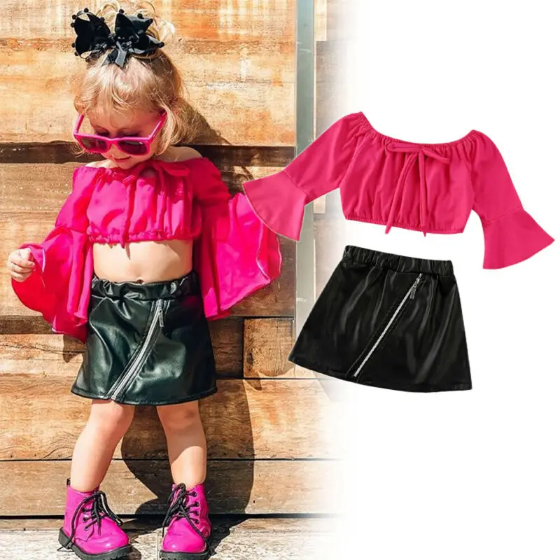 

2020 Одежда для новорожденных девочек топ с длинными рукавами и открытыми плечами + юбка из искусственной кожи летний комплект От 0 до 5 лет