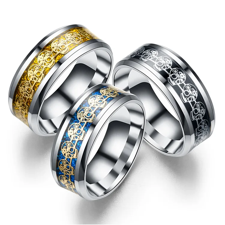 

AsJerlya 8mm Punk Personalized Inlay Gold Blue Black Skull Ring 316L Stainless Steel Rings For Men Women Trendy Ring Jewelry