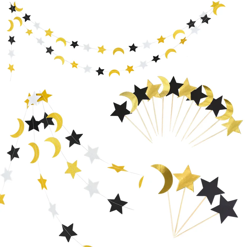 

Eid Mubarak Cupcake Topper String Glitter Silver Gold Black Moon Star Garland Bunting Ramadan Islam Muslim Event Party Supplies