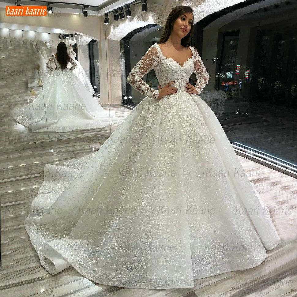 Купи Luxury Lace Wedding Dresses Long Sleeves 2021 robe de mariage Beaded Appliqued Ball Gown Bridal Dresses Arabian vestido de noiva за 8,480 рублей в магазине AliExpress