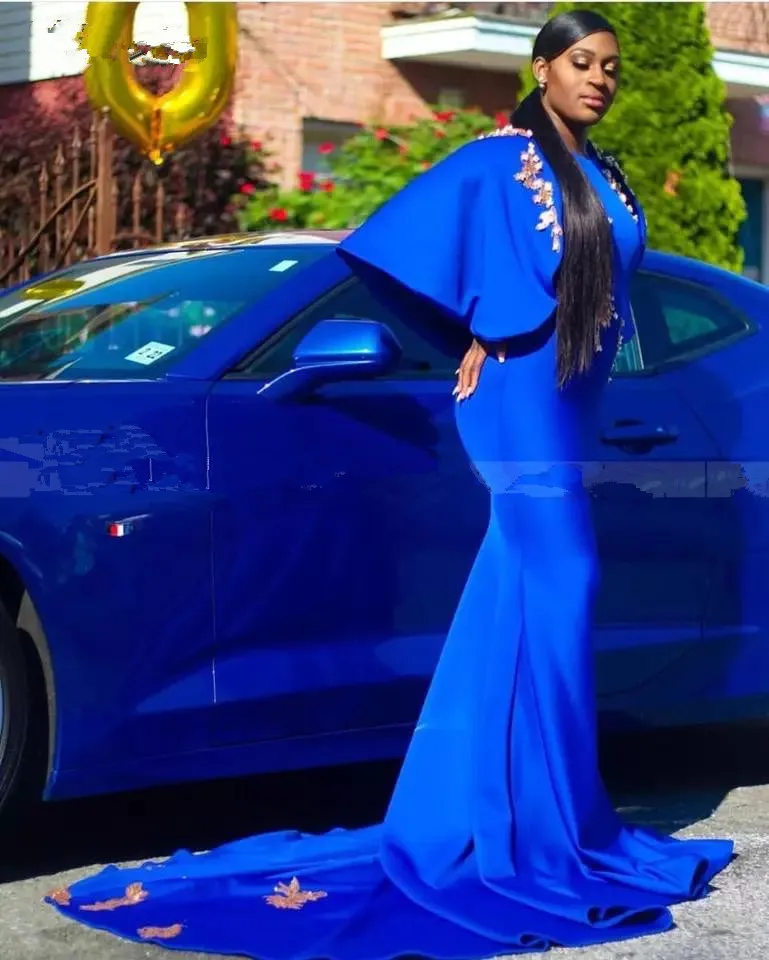 Женское вечернее платье-русалка длинное синее платье с золотистой аппликацией и