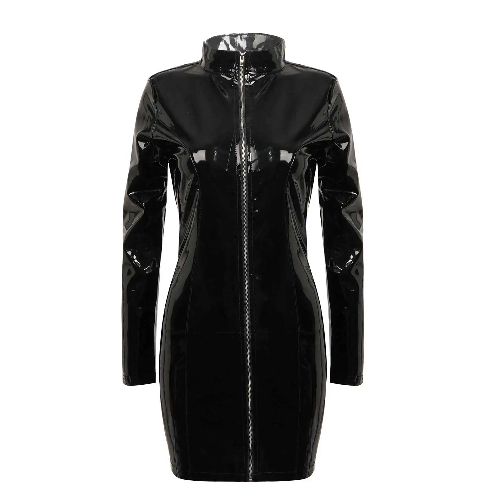 

Womens Wet Look Patent Leather Long Sleeve Stand Collar Zipper Bodycon Dress Party Night Club Stage Performance Costume Dresses
