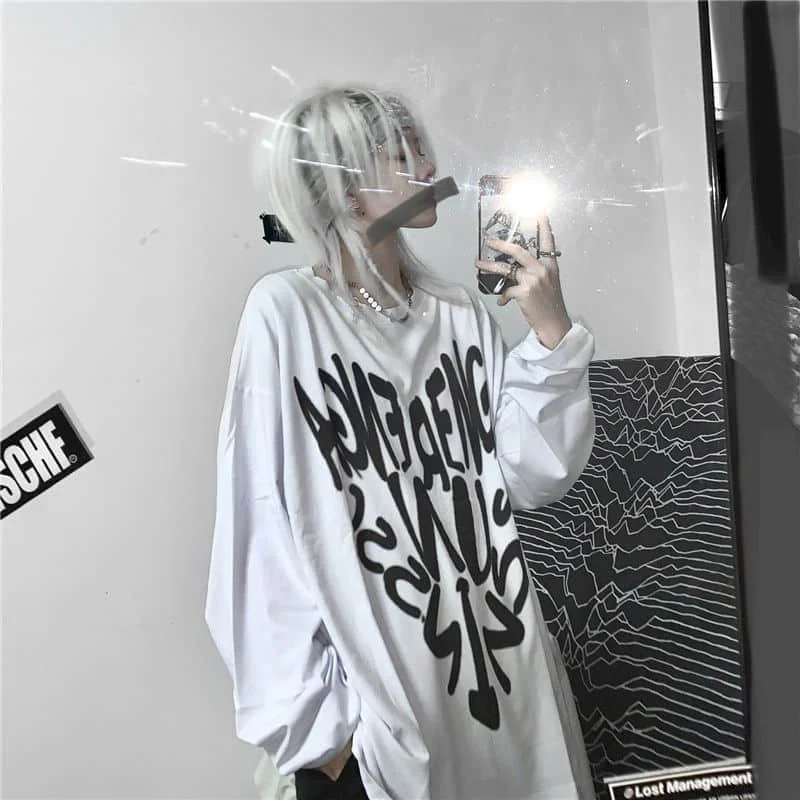 

Spring Autumn Harajuku Tshirts Women Tops Printed Character Heart Loose Long Sleeves Tee Shirts Casual Streetwears Clothing