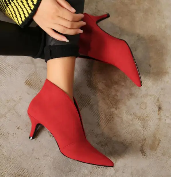 red wool lining XGRAVITY; пикантные женские туфли с острым носком на тонком каблуке в европейском стиле; модные женские туфли с глубоким v-образным вырезом; элегантные женские ботинки в европейском стиле; A059 - Цвет: red wool lining
