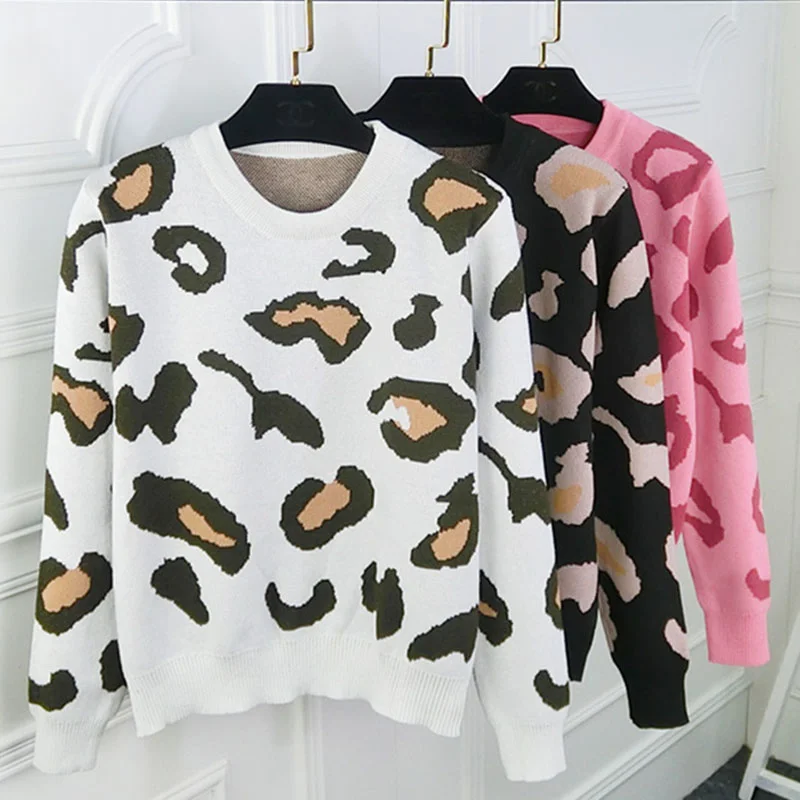 

Spring Autumn New Pullover Women's Sweaters 2021 New Leopard Print O Neck Knit Jumpers Sweater Women Casual Knitwear Tops