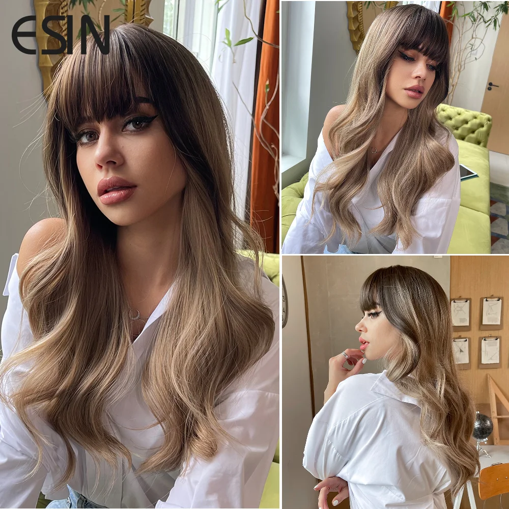 ESIN Synthetic Hair Dark Brown Ombre to Light Brown Long Water Wave Wigs with Bangs for Women Natural Party Heat Resistant