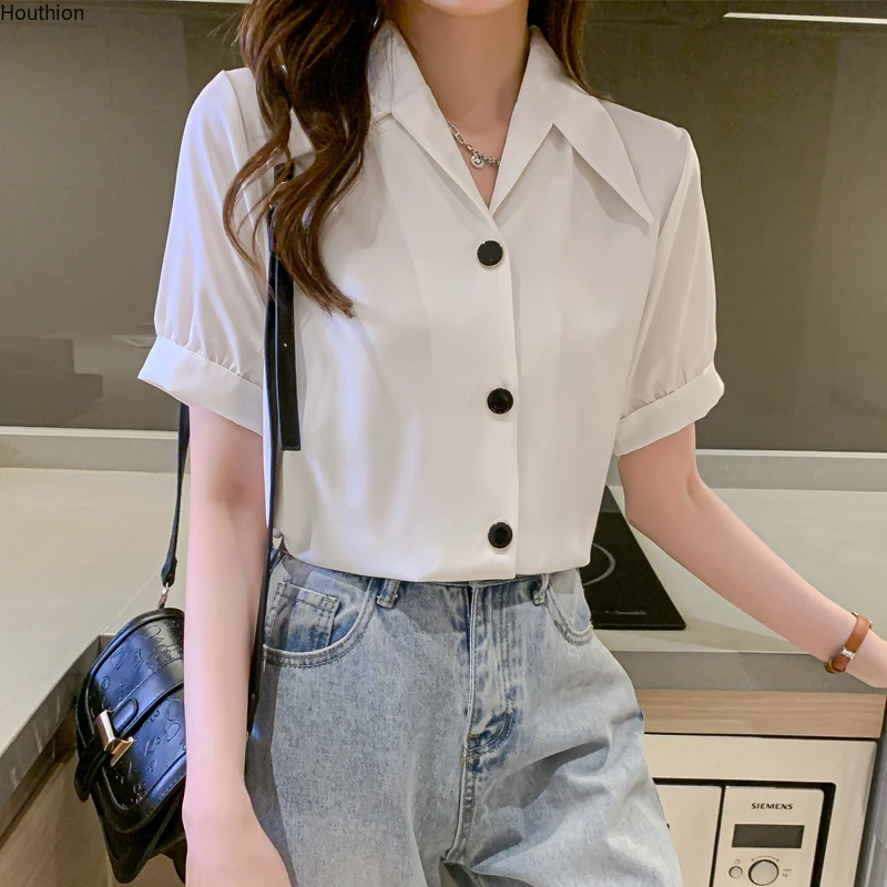 

Houthion New Short Sleeve Blouse Summer Korean Casual Lapel Shirt Pure Color Satin Plus Size Fashion Tops
