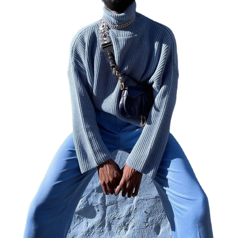 

Autumn New Knitwear Men Blue Slim Stand-up Collar Sweater Pullover Mens Oversized Sweater