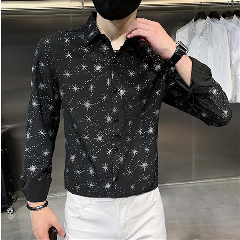 

Men's New Black Social Shirts Fashion Print Slim Fit Luxury White Shirt For Men Long Sleeve Dress Tops Vetement Homme De Marque