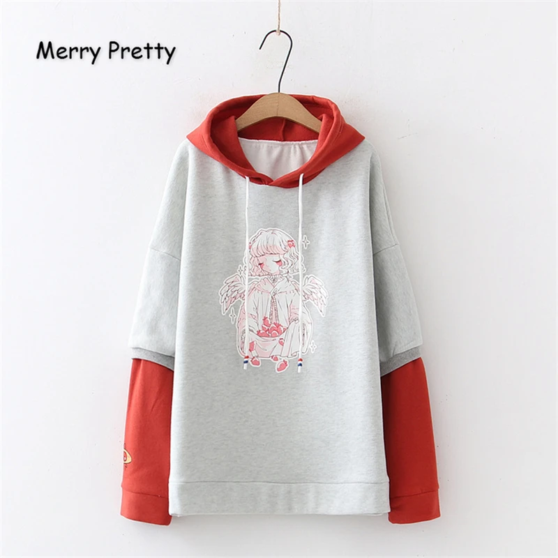 

Merry Pretty Women Cartoon Print Red Hoodies Sweatshirts 2020 Winter Long Sleeve Patchwork Hooded Plus Velvet Pullovers