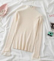 2021 autumn winter knitted sweater women long sleeve turtleneck pullovers tops korean fashion chi lace patchwork ribbing jumper