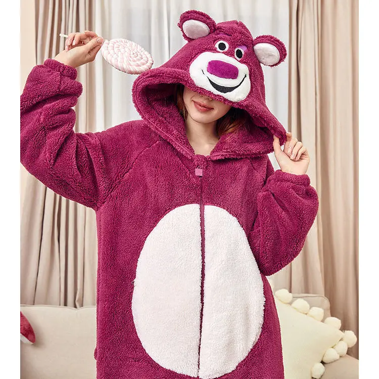 Women Onesies Pajamas Strawberry Bear Kigurumi Thick Coral Velvet Loungewear Women's Home Wear One-piece Jumpsuit for Winter
