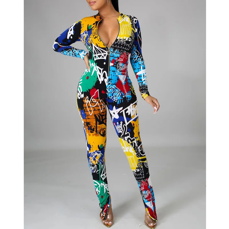 

Sexy Graffiti Printed Long Sleeve Skinny Jumpsuit For Women