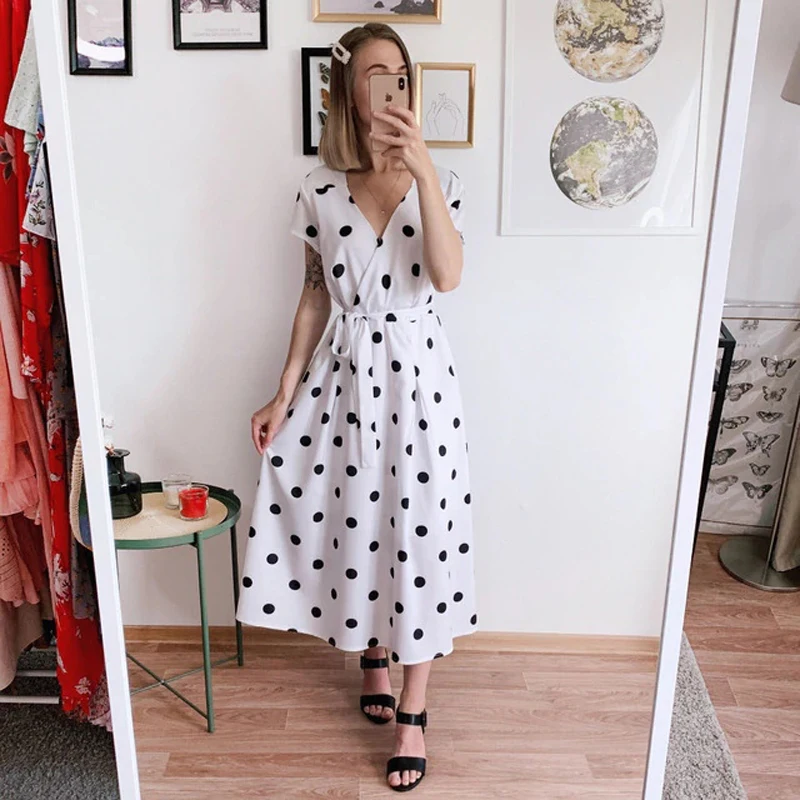 

Summer Women Long Dress Short Sleeve Dresses Casual Polka Dot Print Party Sexy V-neck Fashion Woman Clothes dresses for women