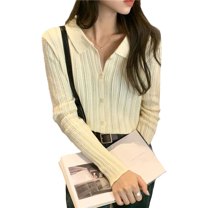 

Korean Short Knitted Sweaters Hollow Long-Sleeved Women's Sweater 2021 Spring Autumn Lapel Thin Cardigan Fashion Sweater Female