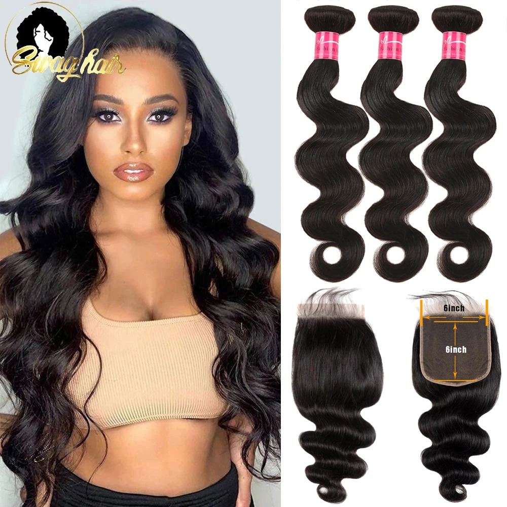 Swag Brazilian Hair Body Wave 3 Bundles With Closure Human Hair Bundles With Closure Lace Closure Remy Human Hair Extension