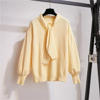 Only Sweater Вязаный пуловер; топы и шерстяные шорты; Женский комплект 2 шт.; сезон осень-зима; свитер с рукавами-фонариками и бантом; костюм со штанами; свободный пояс - Цвет: Only Sweater