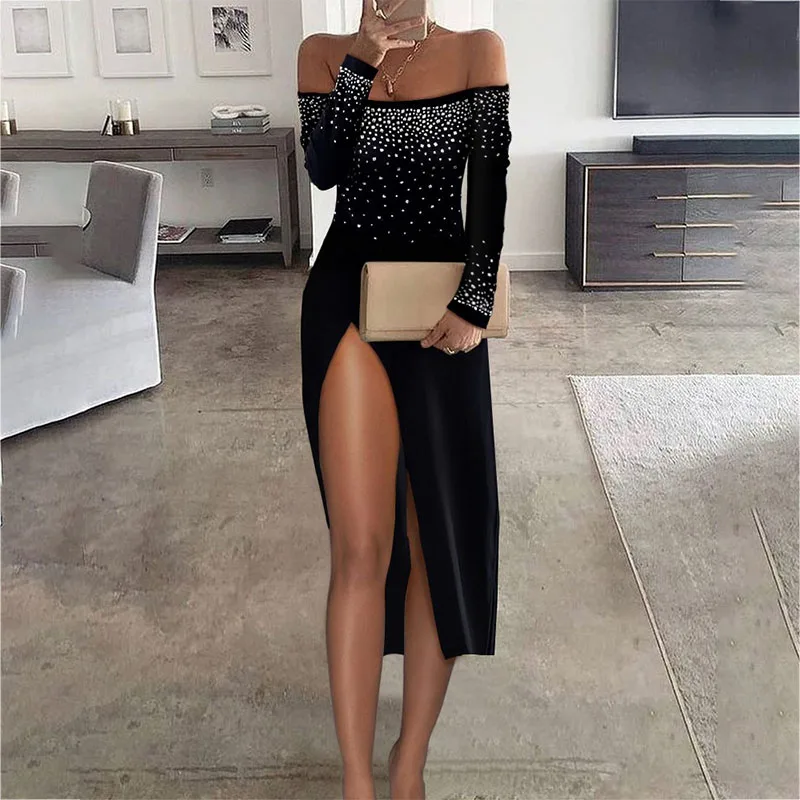 

2021 Autumn Women Sexy Buttock Slits One-word Collar Long Sleeve Dress Bright Dress Dress Party Bare Legged Dinner Dress Diamond
