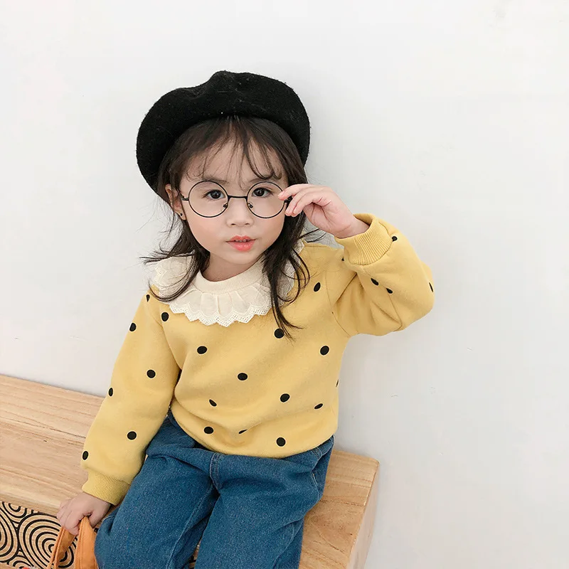 Осень 2019 г. Милые плотные свитшоты в горошек с кружевным воротником для девочек