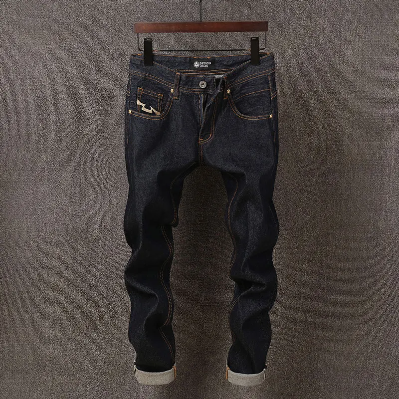Japanese Vintage Fashion Men Jeans High Quality Black Slim Fit Embroidery Designer Jeans Men Camouflage Pocket Raw Denim Pants