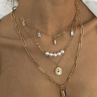 new vintage fashion tassel rhinestone multilevel chain lock pendant necklaces for women necklace female boho jewelry n076