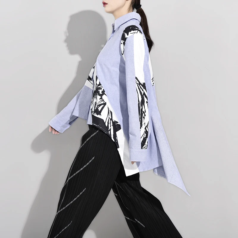DEAT воротник с длинными рукавами, с принтом, однобортный, с длинными рукавами, асимметричная блуза, женская блузка WG72