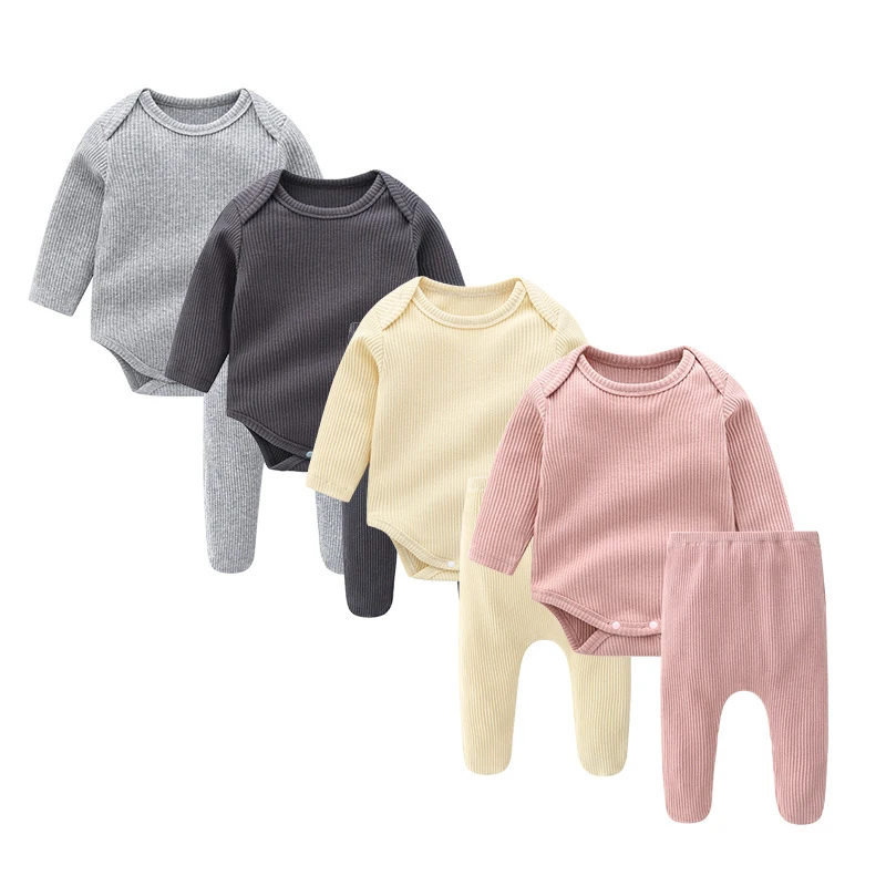 

2pcs Newborn Boys Girls Romper Pant Sets Solid Color Long Sleeve Cotton Infant Jumpsuit Clothes Set
