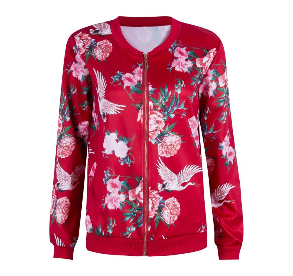 Осенняя Женская куртка повседневная с круглым вырезом на молнии с цветочным принтом и карманом в стиле ретро куртка-бомбер с длинными рукавами пальто женская верхняя одежда больших размеров