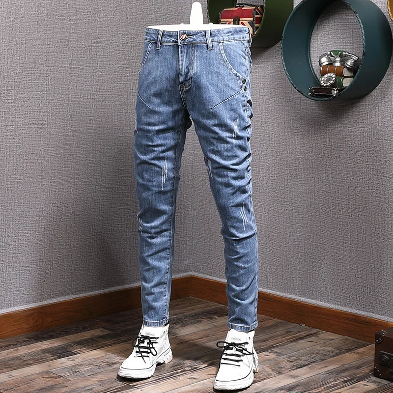 Newly Street Fashion Men Jeans Retro Gray Elastic Slim Ripped Jeans Men Korean Style Stretch Designer Casual Denim Pencil Pants