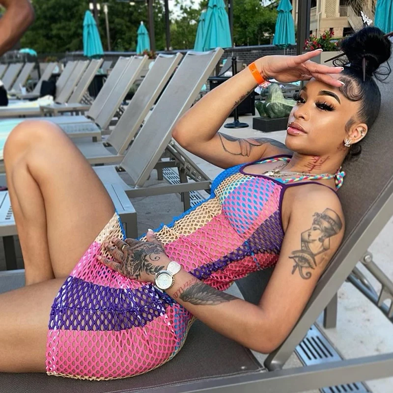 

Summer Hollow Out Mini Dresses Women Panelled Grid See Through Beach Cover-ups Backless Skinny High Street Clubwear Outfit