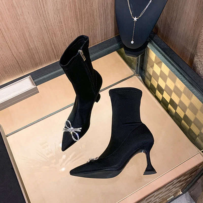 

2021 New Stretch Lycra Women Ankle Boots Autumn Winter Comfortable Heeled Office Lady Shoes High heels Sock Boots 34-42