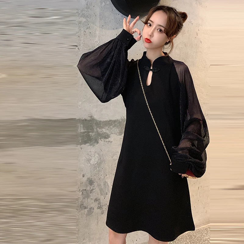 

Женское платье с оборками, Осеннее милое свободное черное платье до колен, японское милое кружевное платье, 2020
