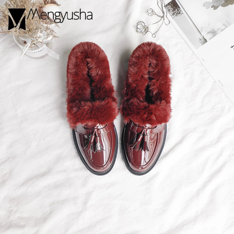 Женские плюшевые туфли оксфорды из кроличьего меха зимние кожаные на плоской