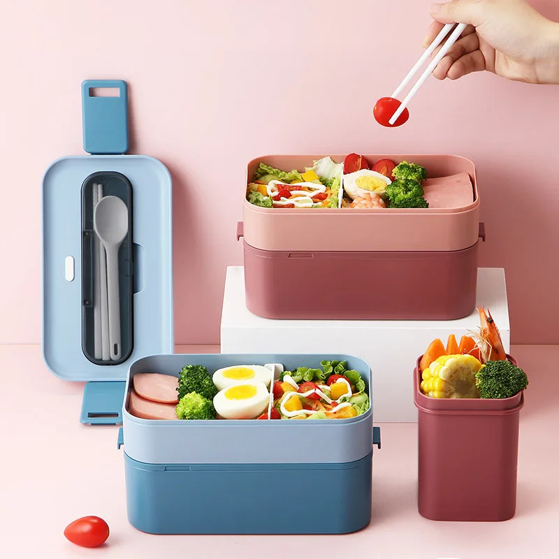 

Portable Lunch Box for Student Office Worker Microwave Plastic Bento Box with Tableware Salad Fruit Food Storage Container