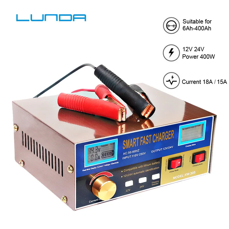 English LCD 400W Lead Acid Lithium Battery Charger for 12V 24V Car Motorcycle Truck Auto Motor Professional Power Charging