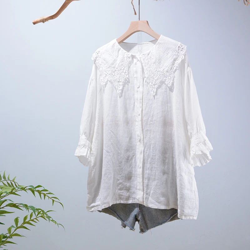 

Summer new women's shirt top hollow Lapel solid Mori series shirt female