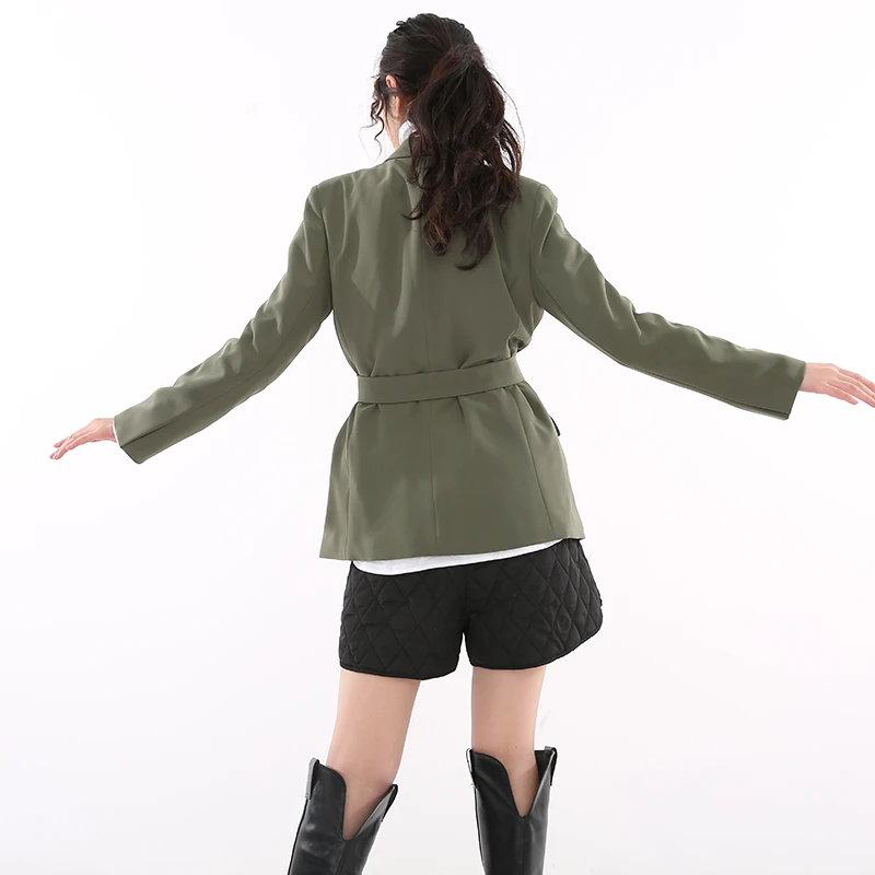 

[EAM] Women Green Bandage Button Temperament Blazer New Lapel Long Sleeve Loose Fit Jacket Fashion Spring Autumn 2021 1W48406