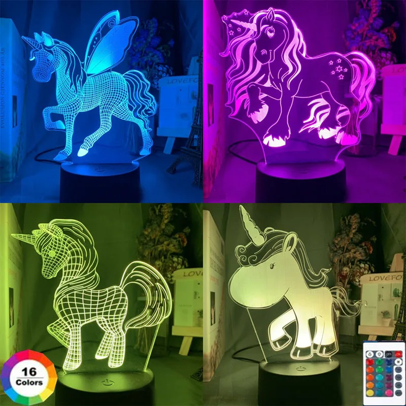 

3D светодиодный ночник в виде единорога, меняющий цвет, USB-аккумулятор, носветильник ильник для украшения спальни, ночник в виде единорога, по...