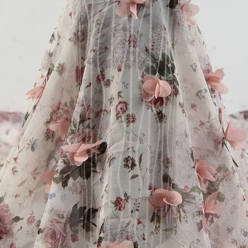 Ширина 140 см роскошное шифоновое женское платье с принтом вышивкой 3D слоновая