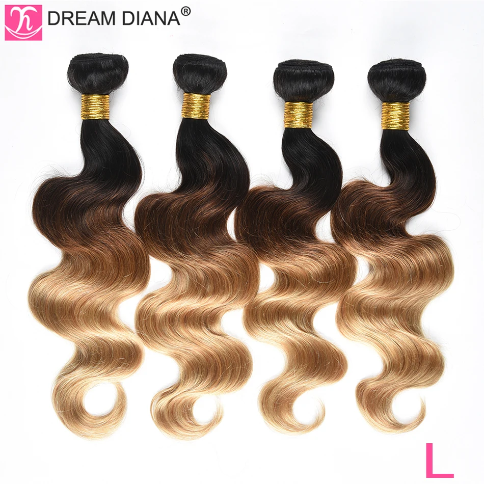 DreamDiana три тона Бразильская волна тела 3 пучка 1B 4 27 1"-26" L Омбре Remy Weave предварительно цветные человеческие волосы для наращивания