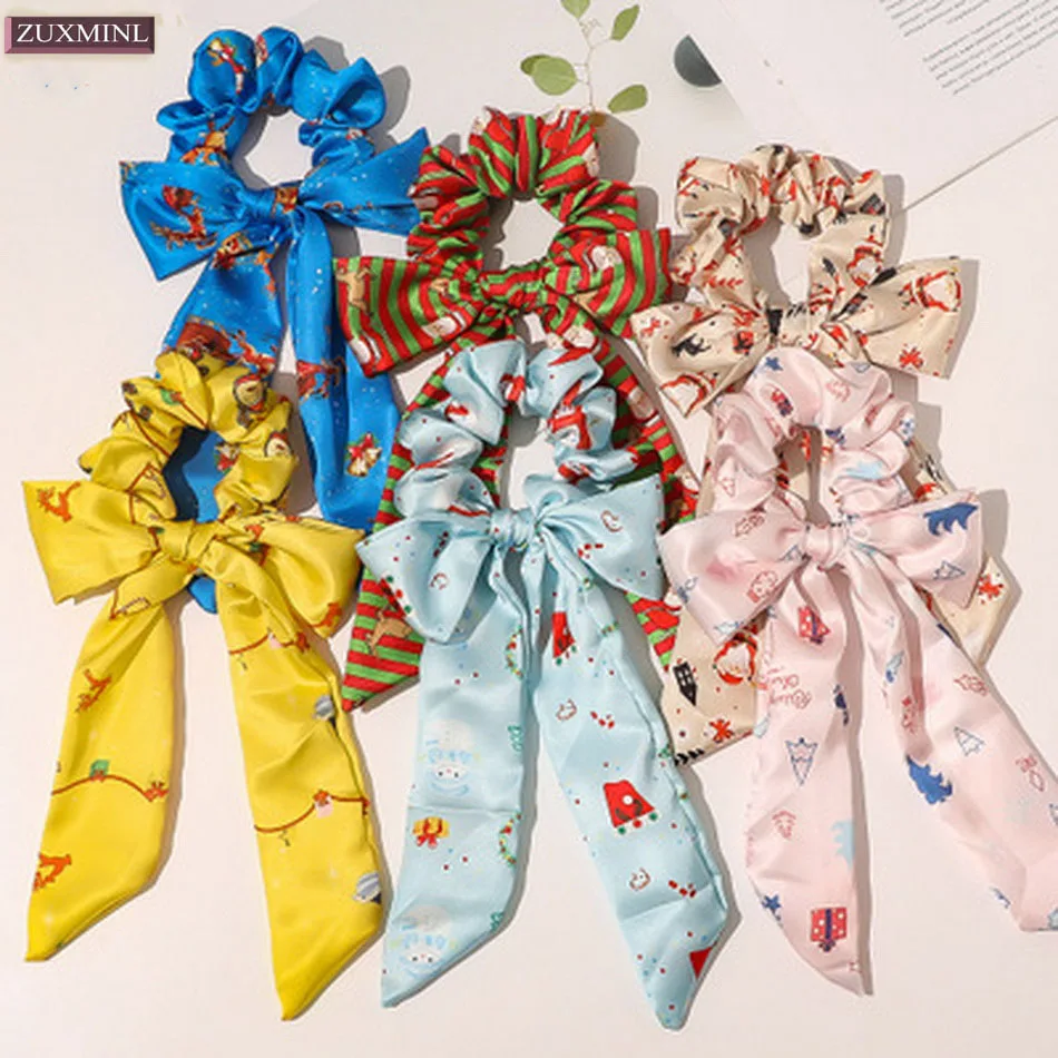 

Новинка, Рождественский печать бантик резинка с платком для девочек, кроличьи ушки, резинки бантики, шелковая резинки для волос, рещинки для...