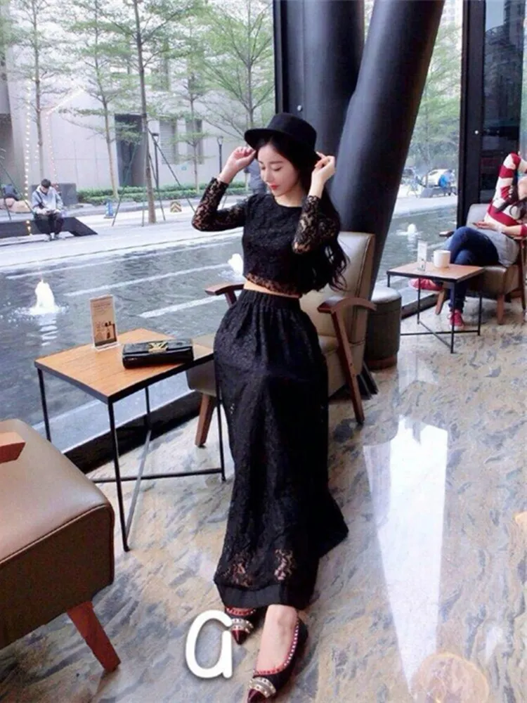 Free Shipping 2021 New Fashion Plus Size S-10XL Summer Sexy Lace Twinset Perspective Short Tops And Long Maxi Skirt Customized |