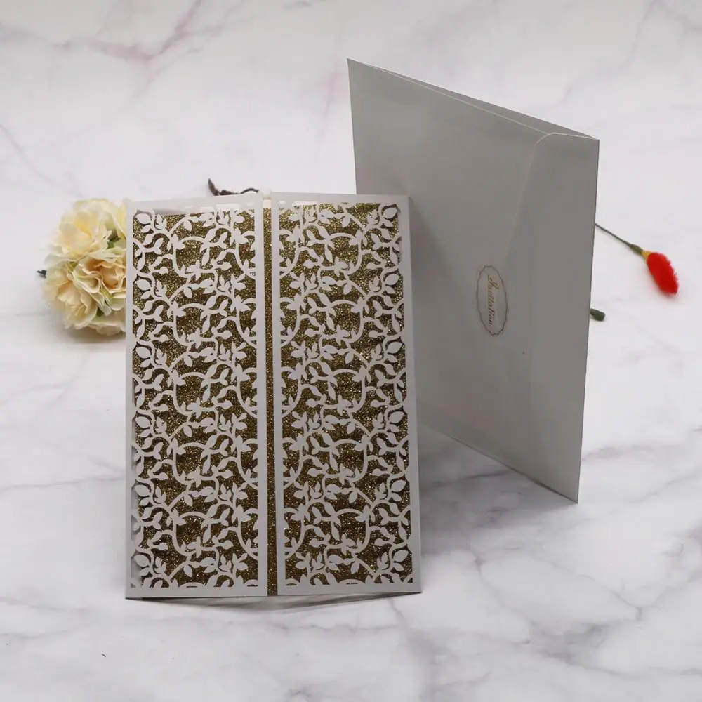

20pcs/lot Hollow Laser Cut Leaf Patterns Wedding Invitations Card Pure Color Pearl Paper Decoration Party Greeting Card