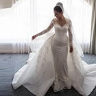 Женское свадебное платье с юбкой годе, Прозрачное платье с длинным рукавом и воротником-стойкой, с кружевной аппликацией и съемными пуговицами сзади, 2020